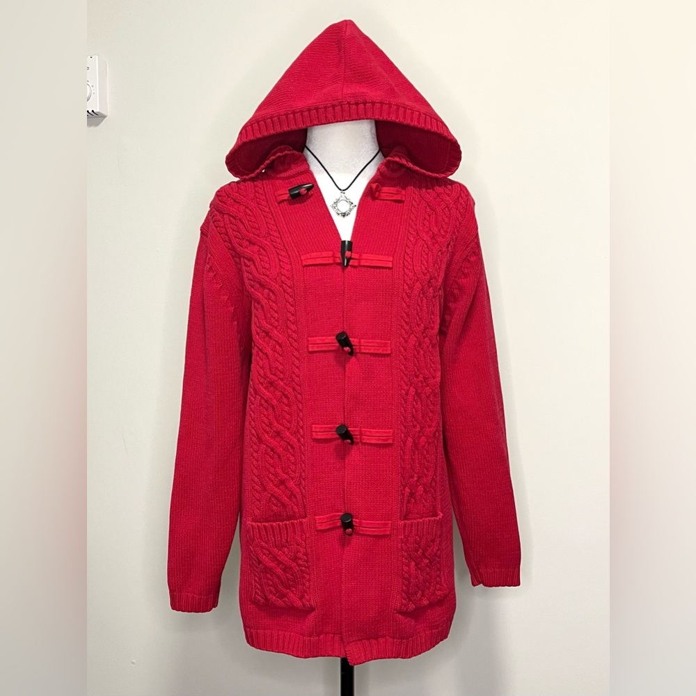 Vintage Cable Knit Hooded Cardigan With Toggle Buttons